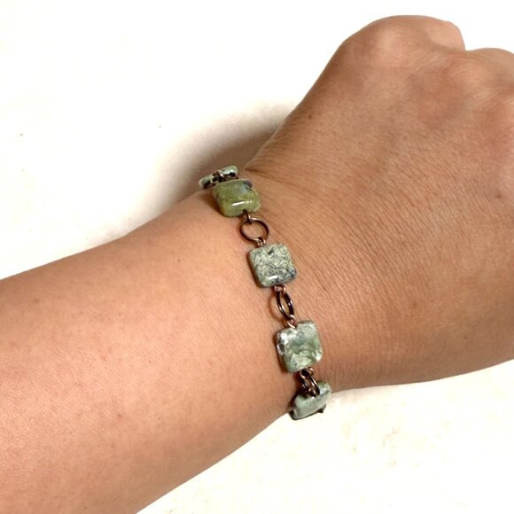 2/$20 Dark Green Serpentine Geometric Bracelet, Genuine Gemstone + Copper Links - Picture 9 of 11